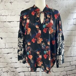Tolani Blouse Womens Large‎ Black Swanna Mandarin-Neck Mixed Floral-Print Silk